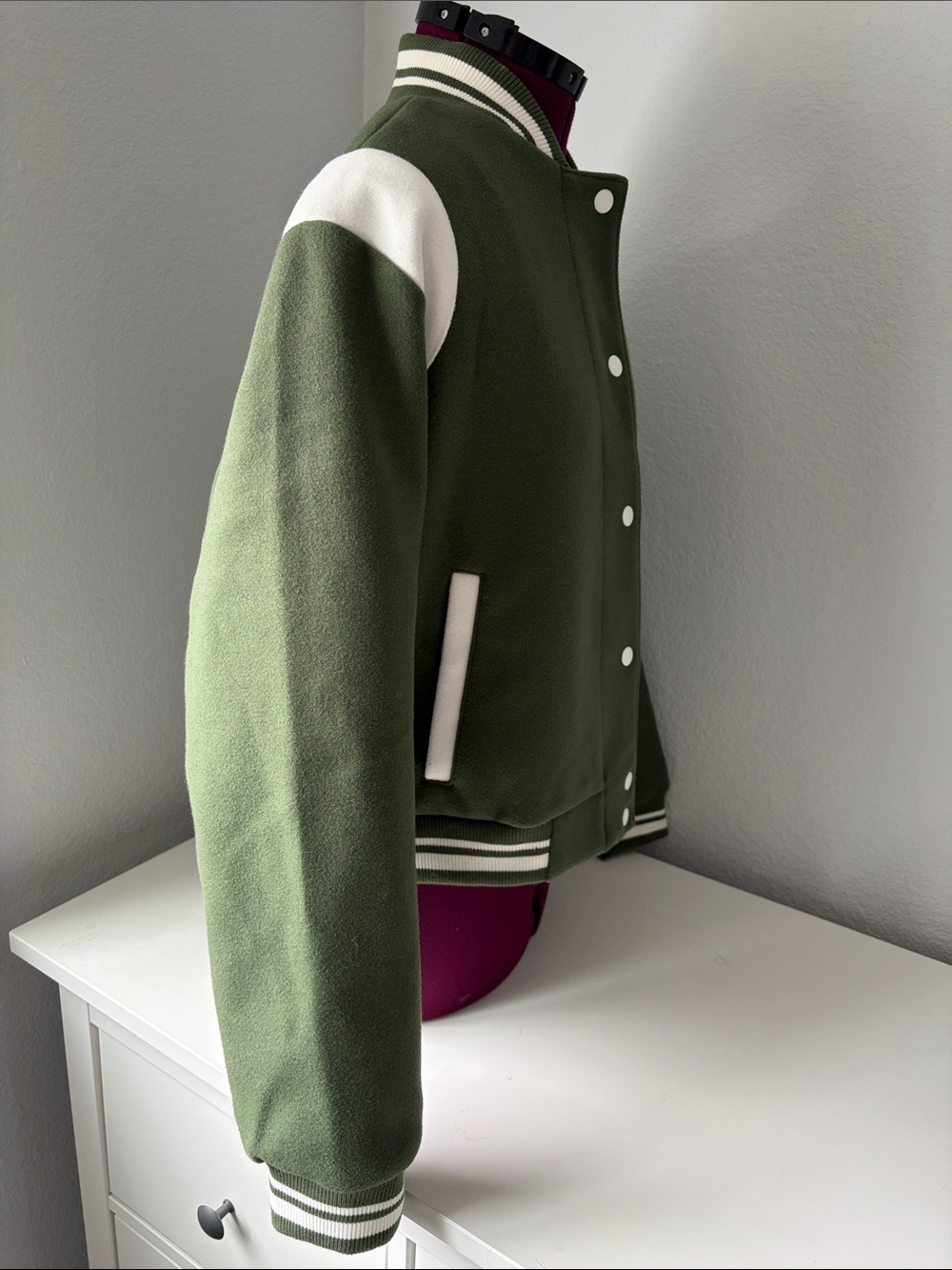 Olive Green Varsity Jacket with White Accents - Picture 5 of 5
